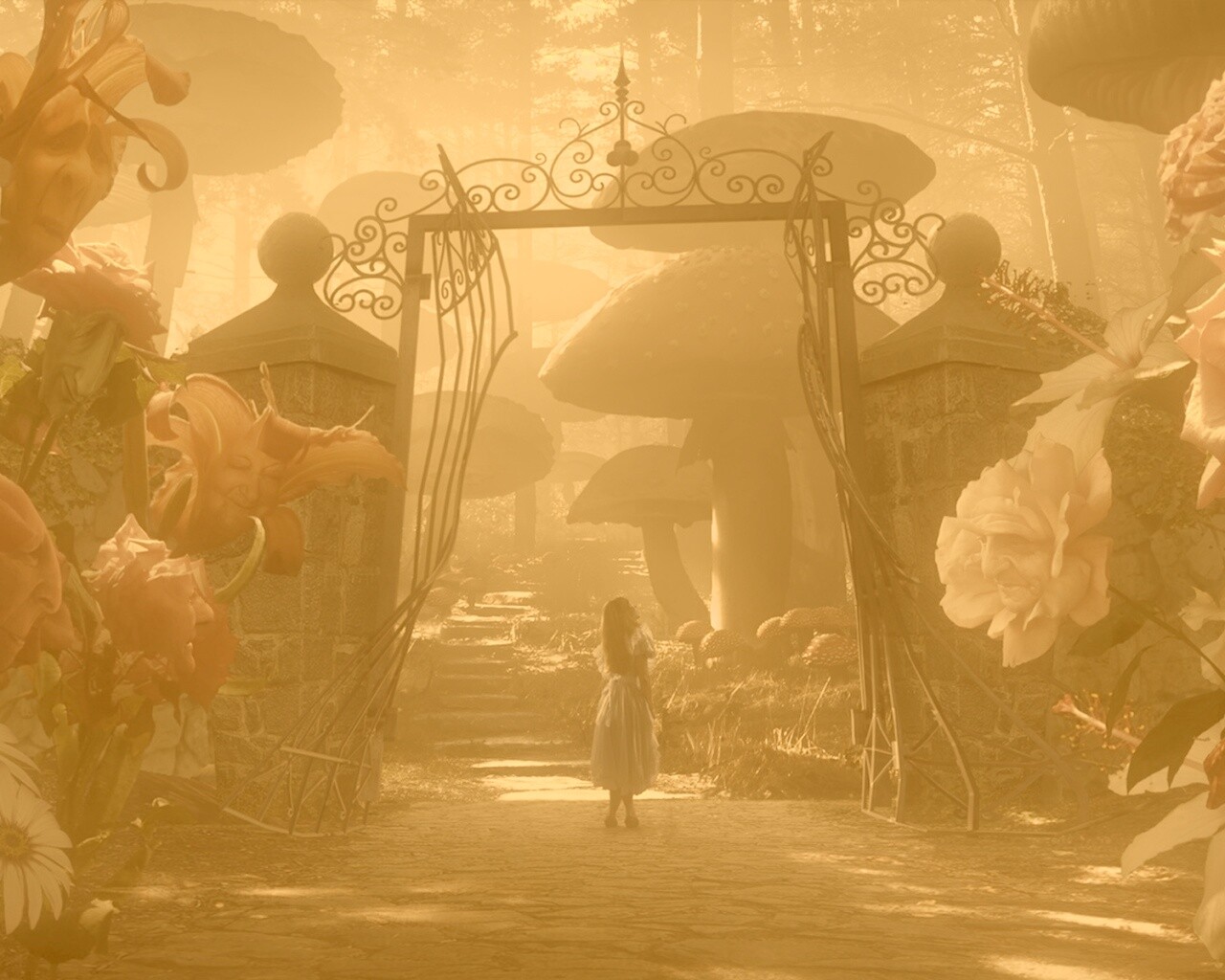 Алиса в стране чудес среди живых цветов обои