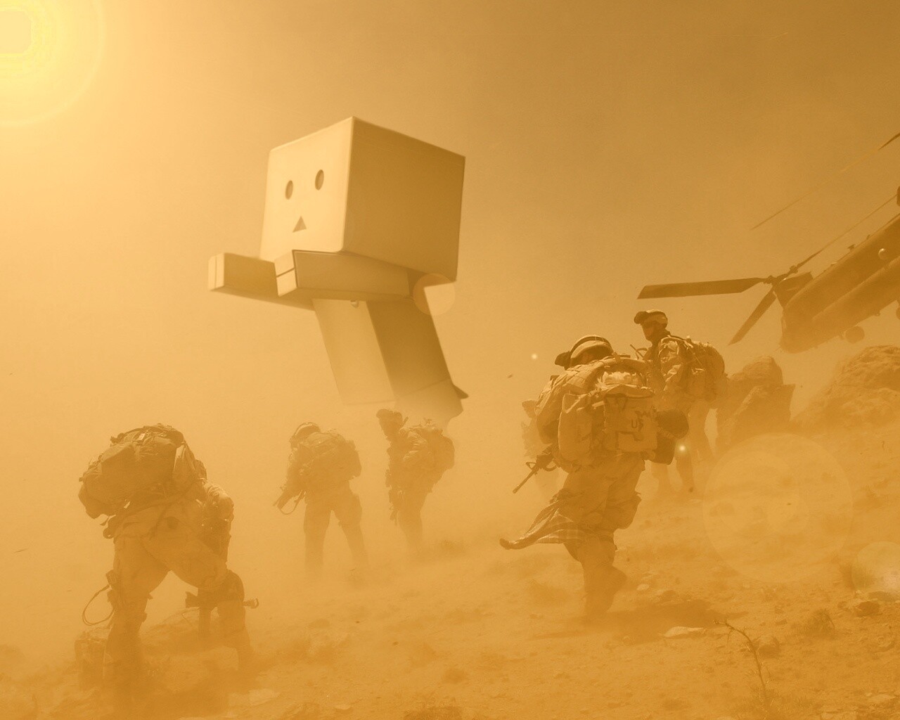 Картонный человек среди солдат обои