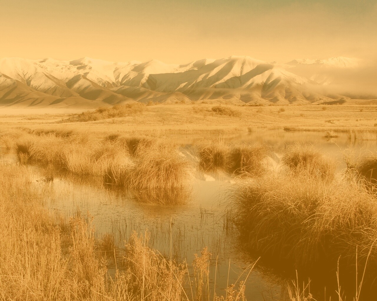 Болото и снежные горы обои