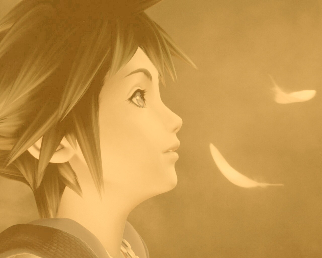 Анимешный парень и белые перья обои