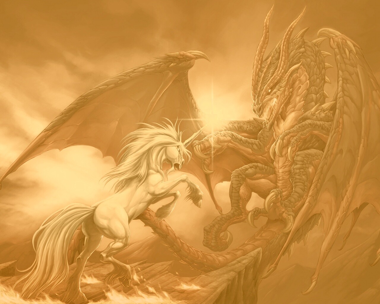 Дракон и единорог обои