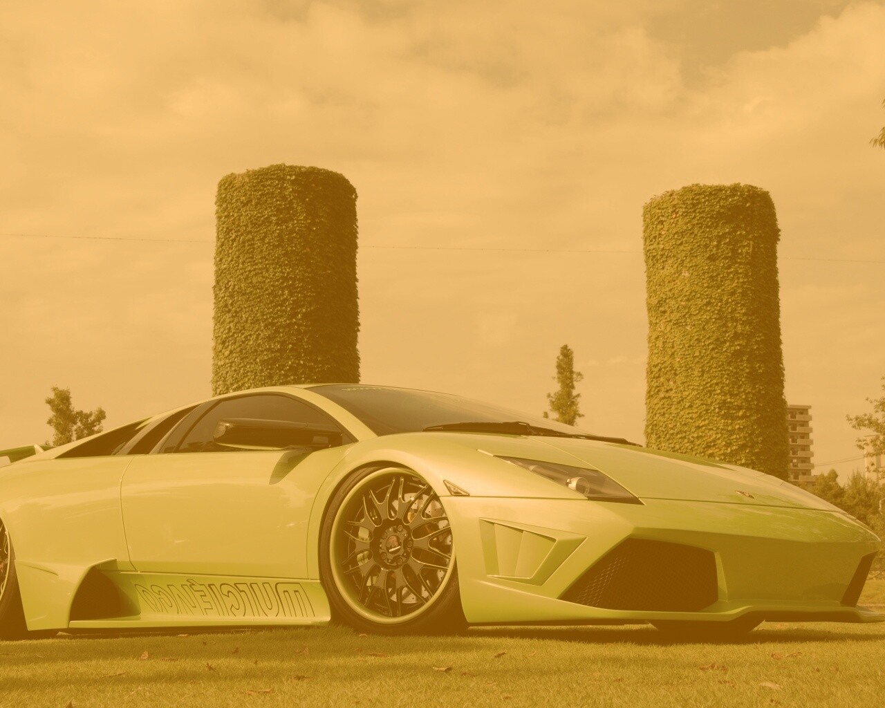 Зелёный Ламборджини на траве обои