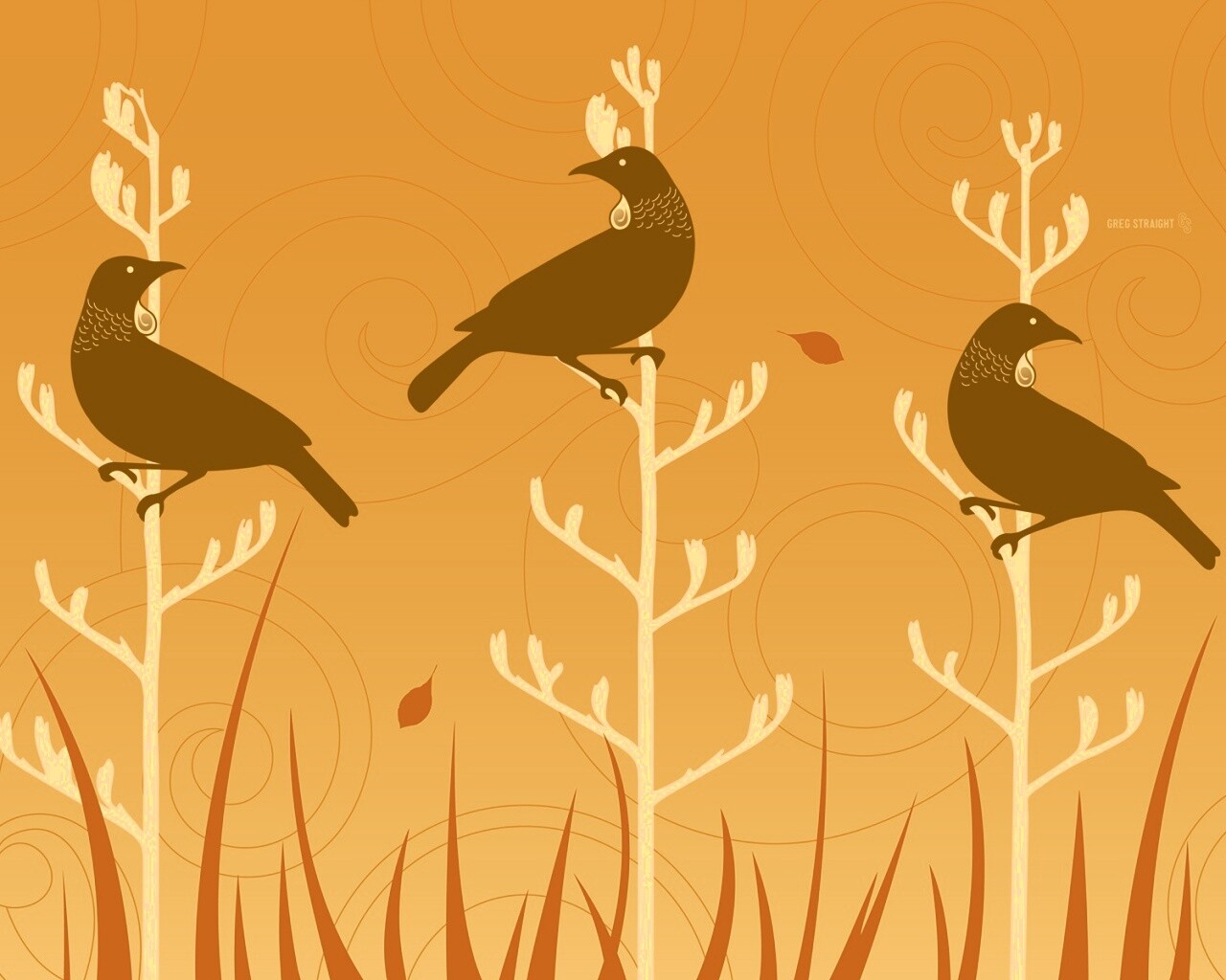 Векторные стилизованные птицы на ветках дерева обои