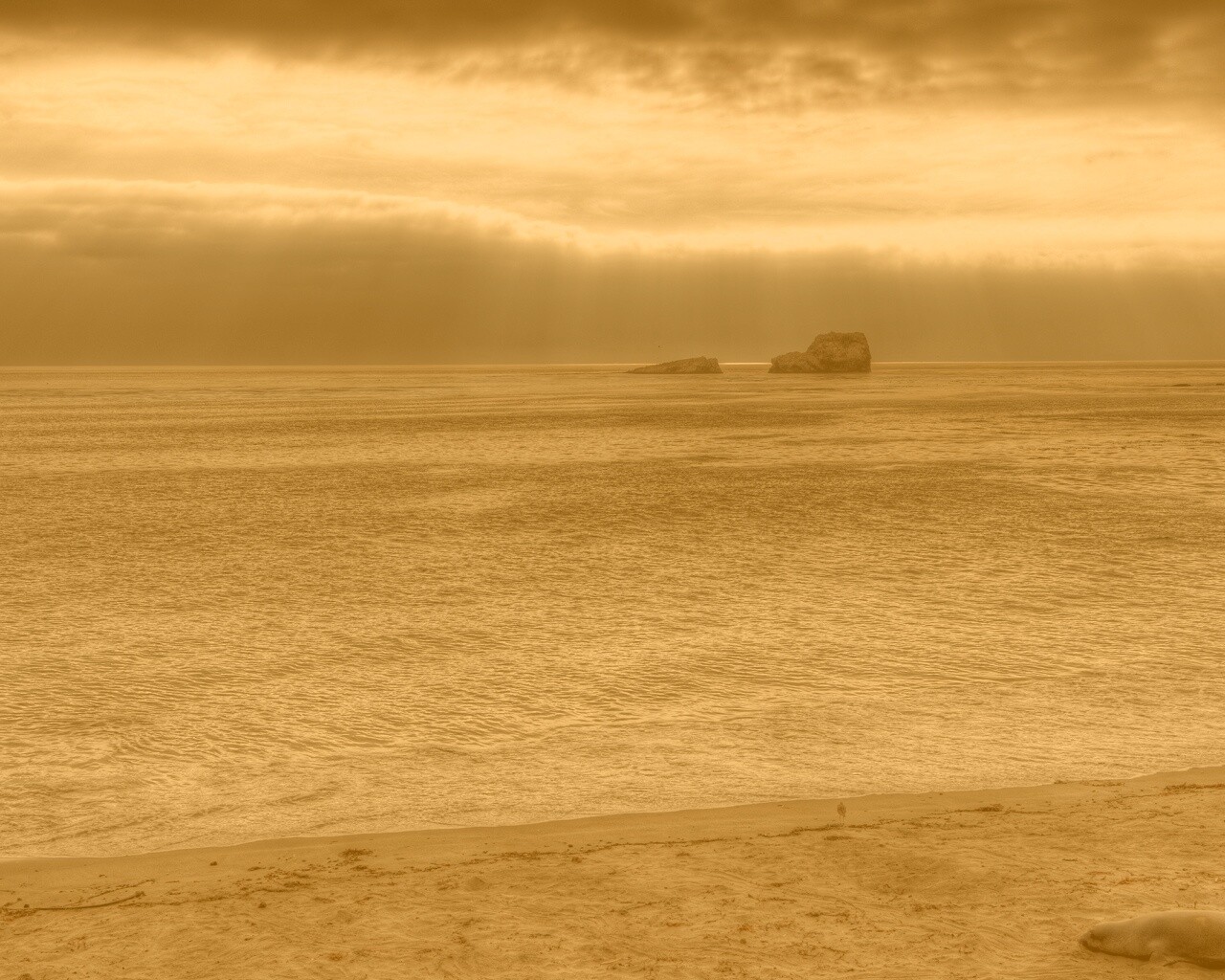 Пляж на фоне светящегосы неба обои