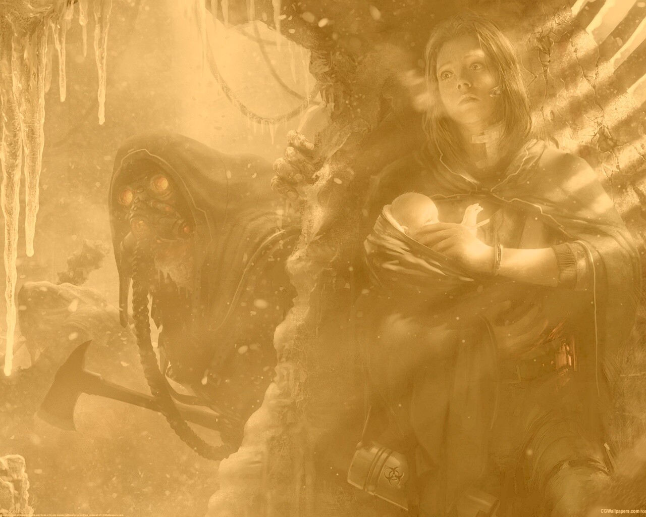 Девушка с ребенком прячется от монстра обои