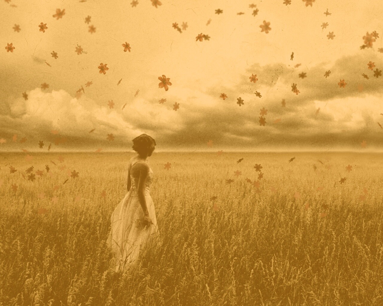 Грустная девушка в поле травы обои