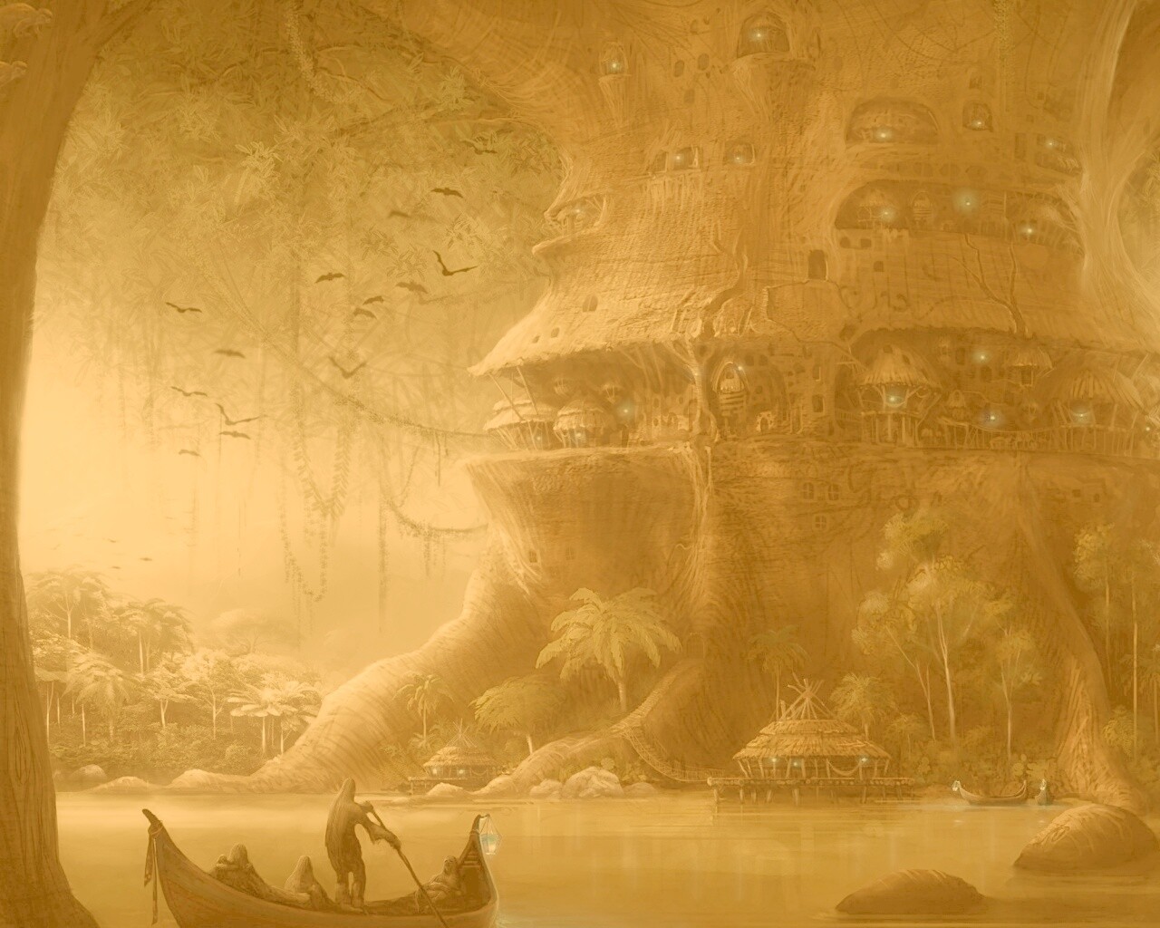 Город в стволе дерева обои