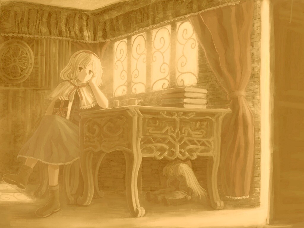 Девочка за столом с книгами обои