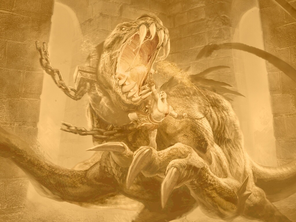 Кратос против динозавра обои