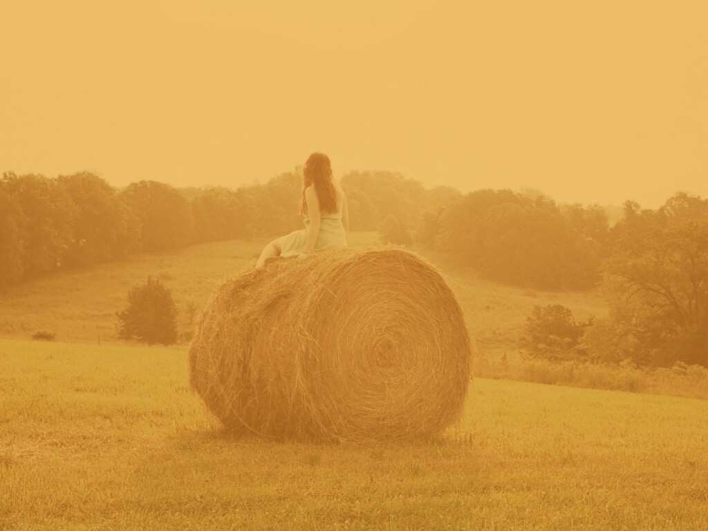 Девушка на снопе сена обои