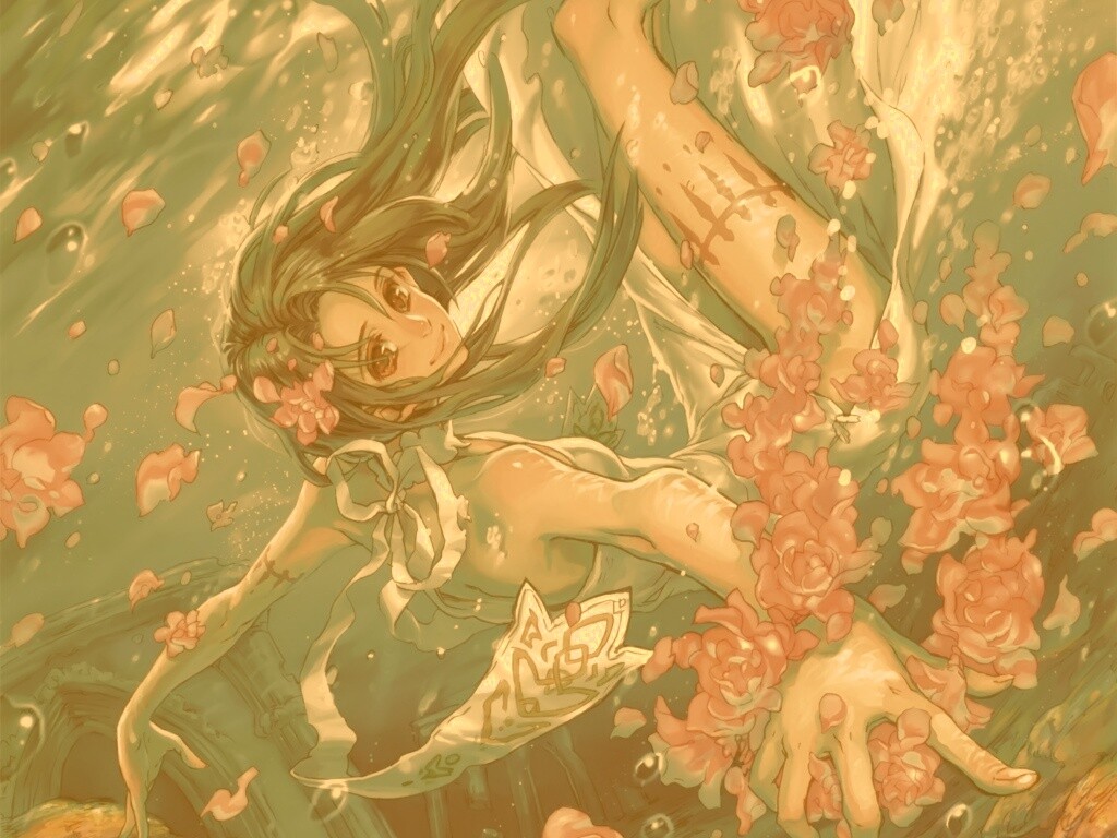 Девушка из аниме под водой обои