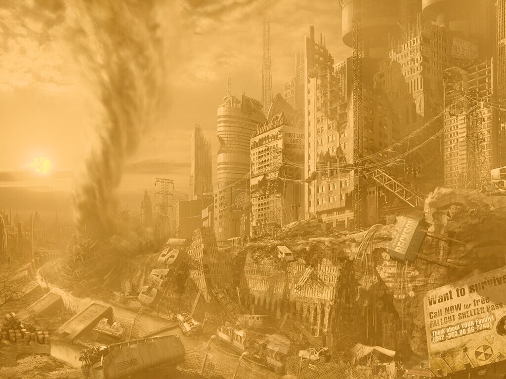 Торнадо в разрушенном городе обои