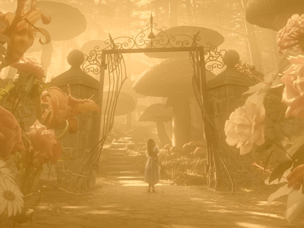 Алиса в стране чудес среди живых цветов обои