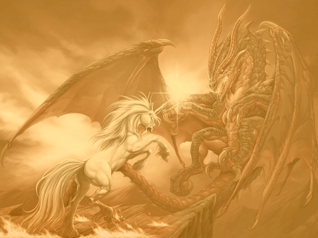 Дракон и единорог обои