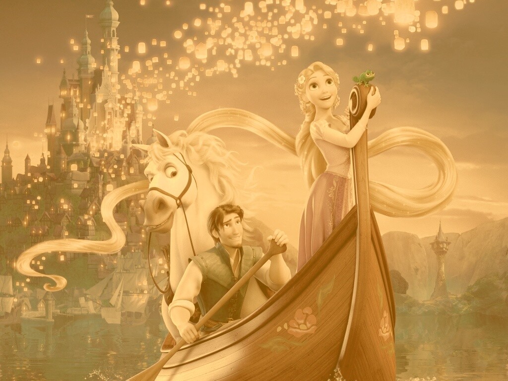 Рапунцель принц и конь в лодке обои