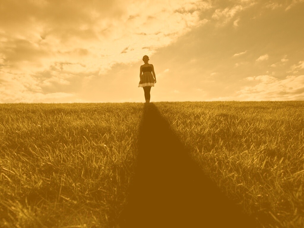 Силуэт девочки на поле обои