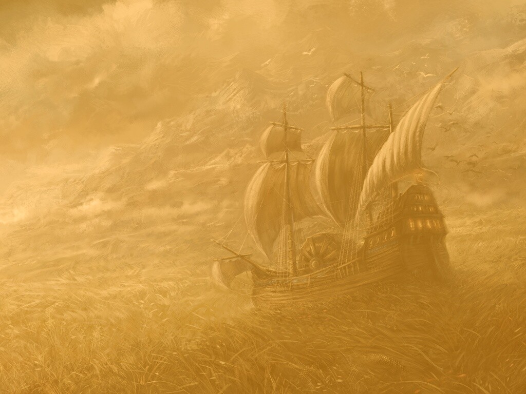 Корабль в море травы обои