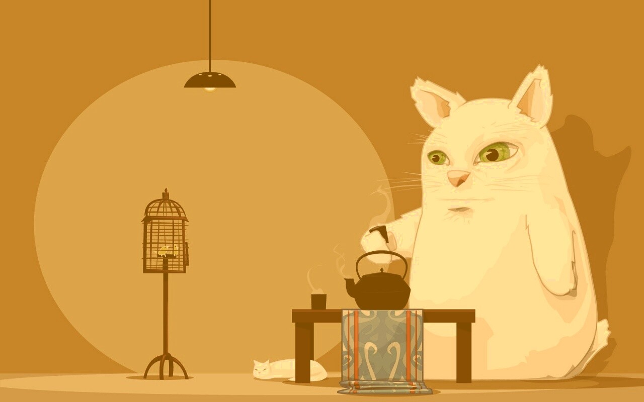 Кот пьет чай обои