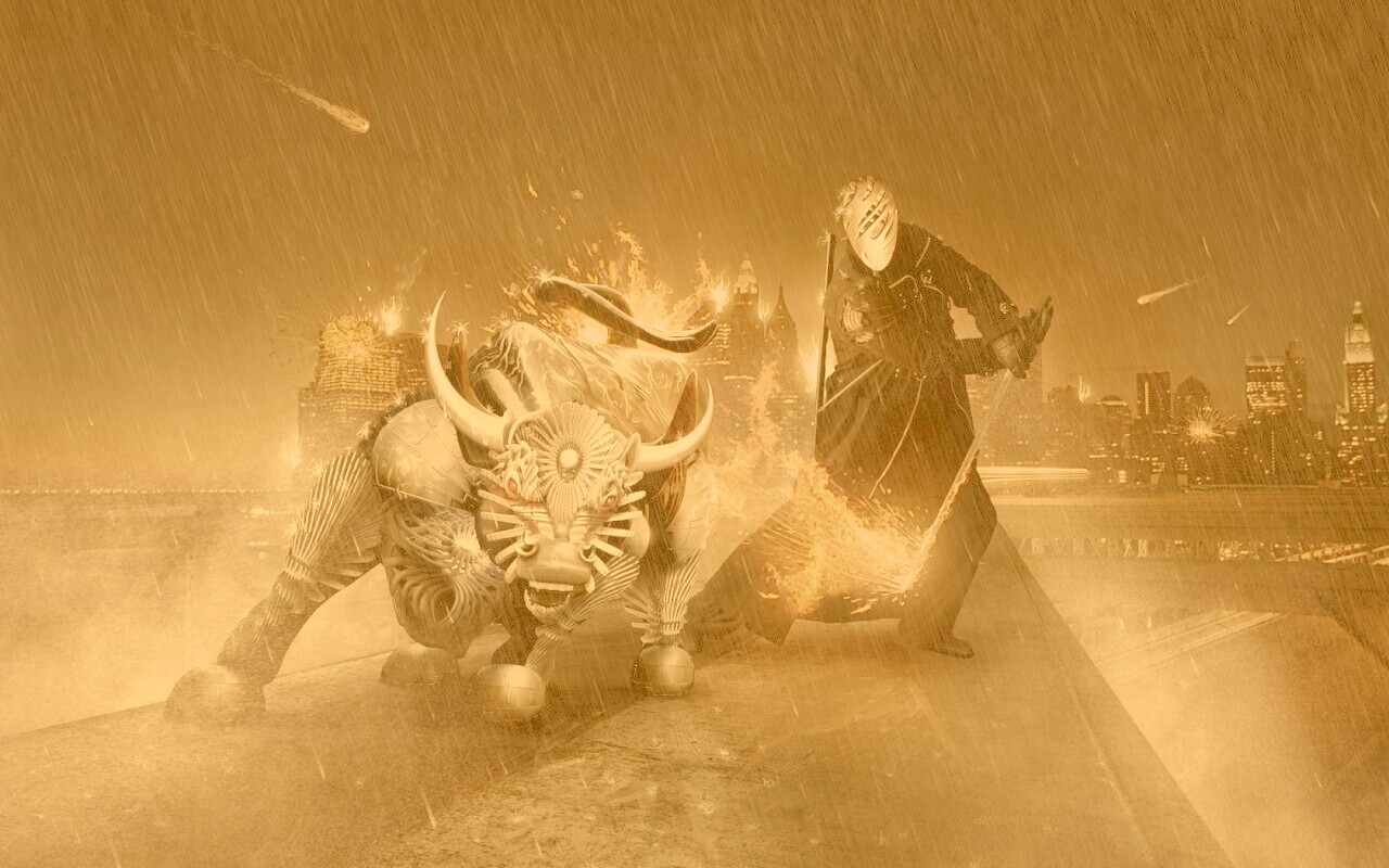 Воин и бык на крыше обои