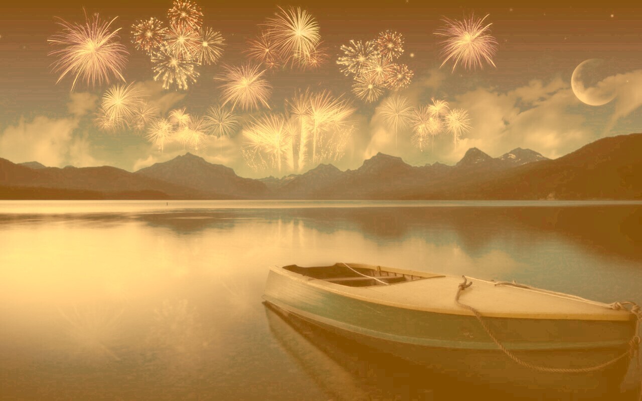 Фейрверк над озером обои
