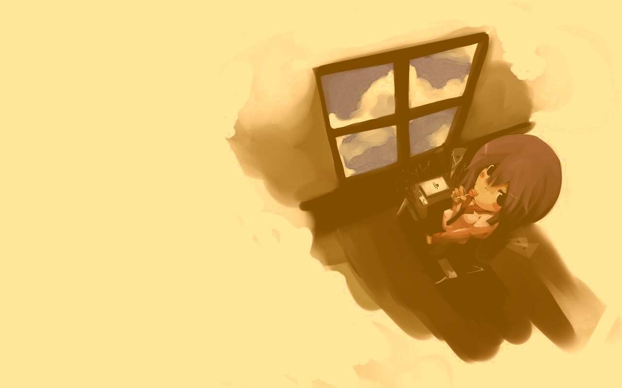 Школница с конфетой у окна обои