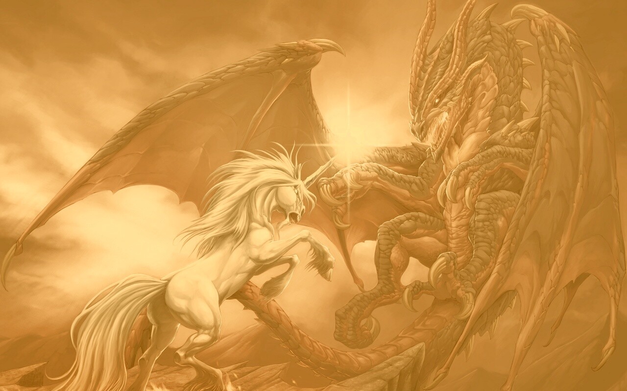 Дракон и единорог обои