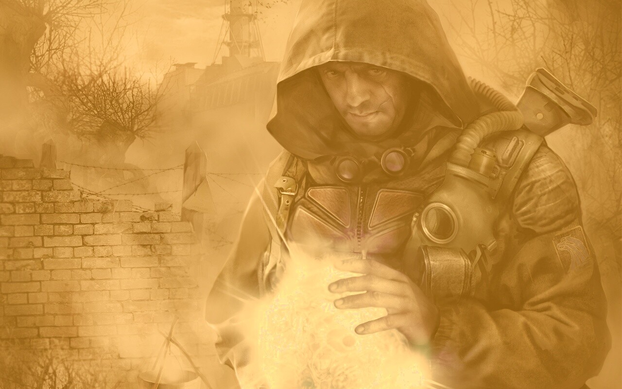 Сталкер с энергетическим артефактом в руках обои