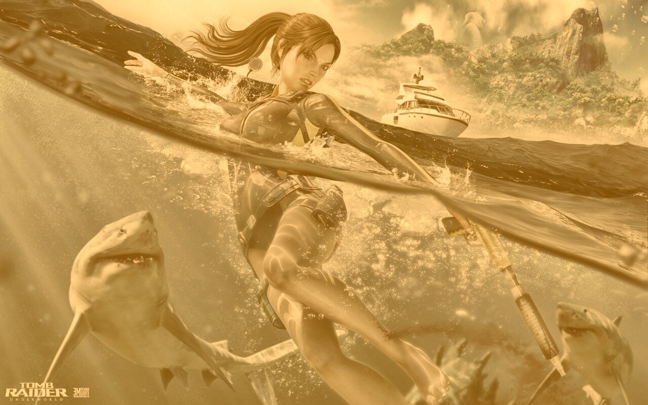 Лара Крофт против акул обои