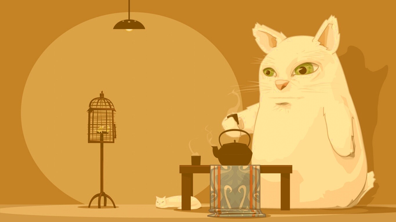 Кот пьет чай обои