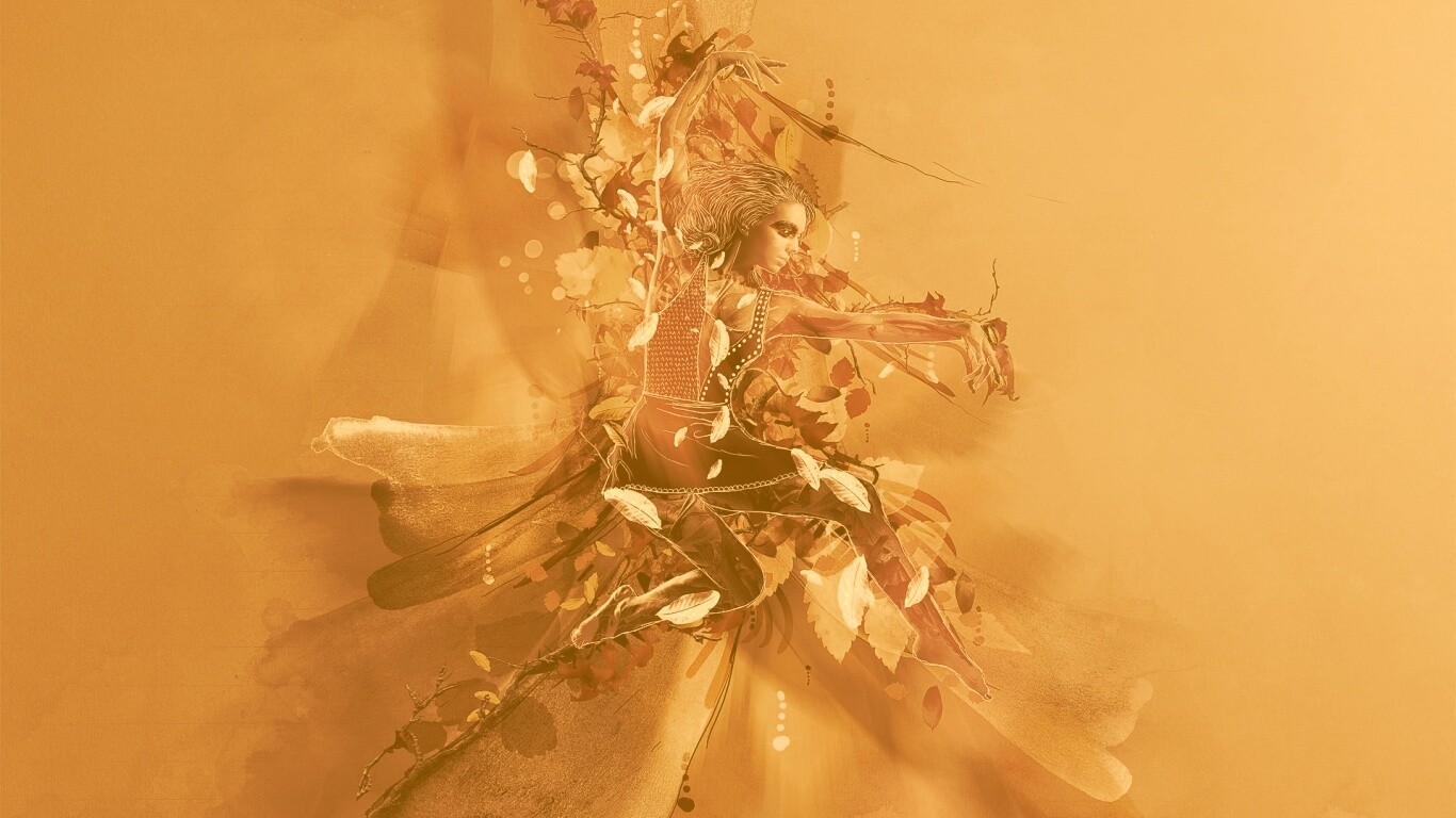 Девушка танцует в листьях обои