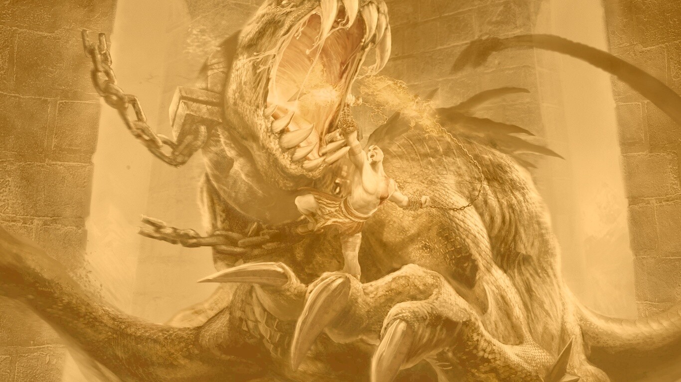 Кратос против динозавра обои