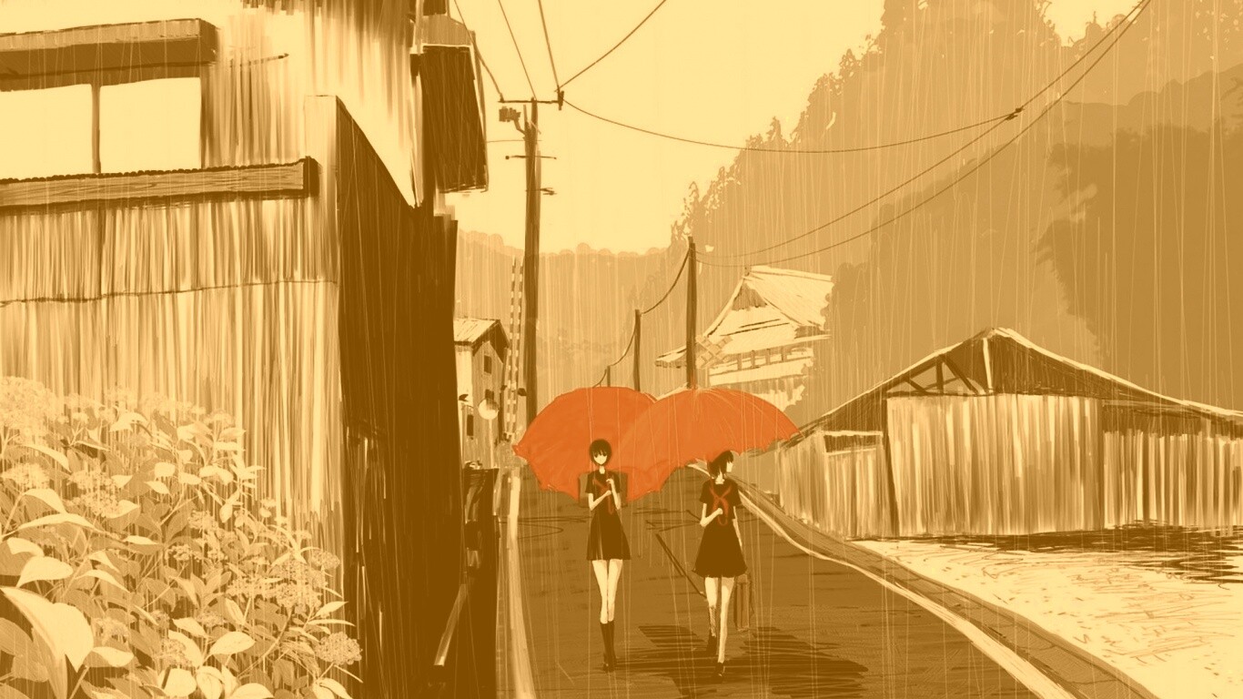 Девушки с красными зонтами обои