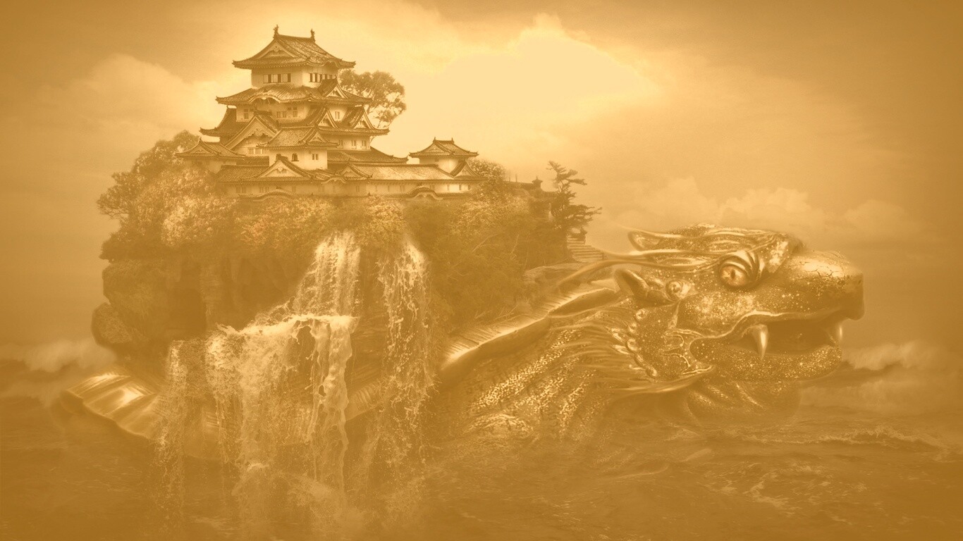 Золотая черепаха и китайская пагода в океане обои