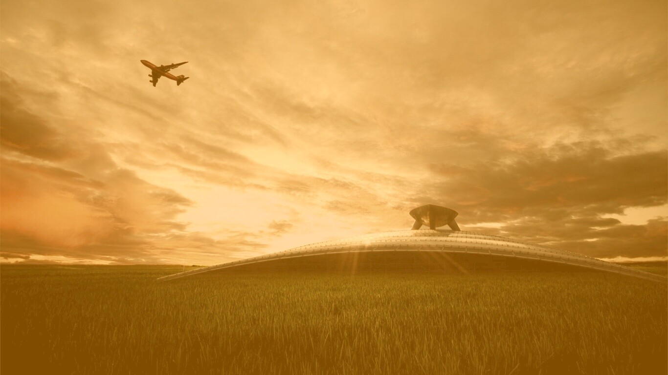 Самолет в закатном небе обои