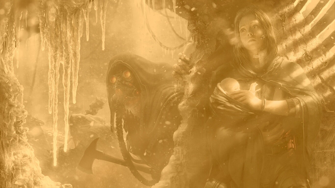 Девушка с ребенком прячется от монстра обои