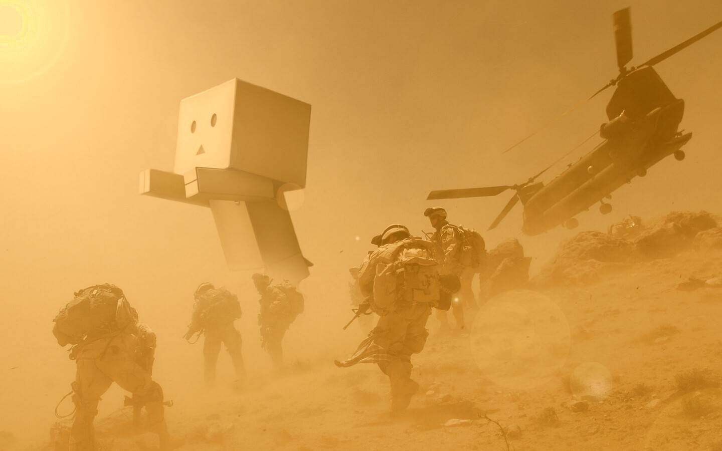 Картонный человек среди солдат обои