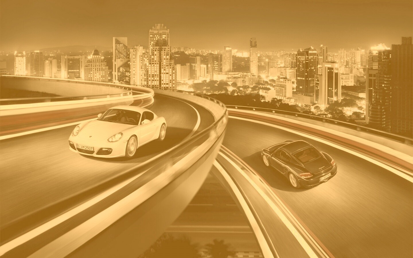 Черный и белый Porsche на автомагистрале. обои