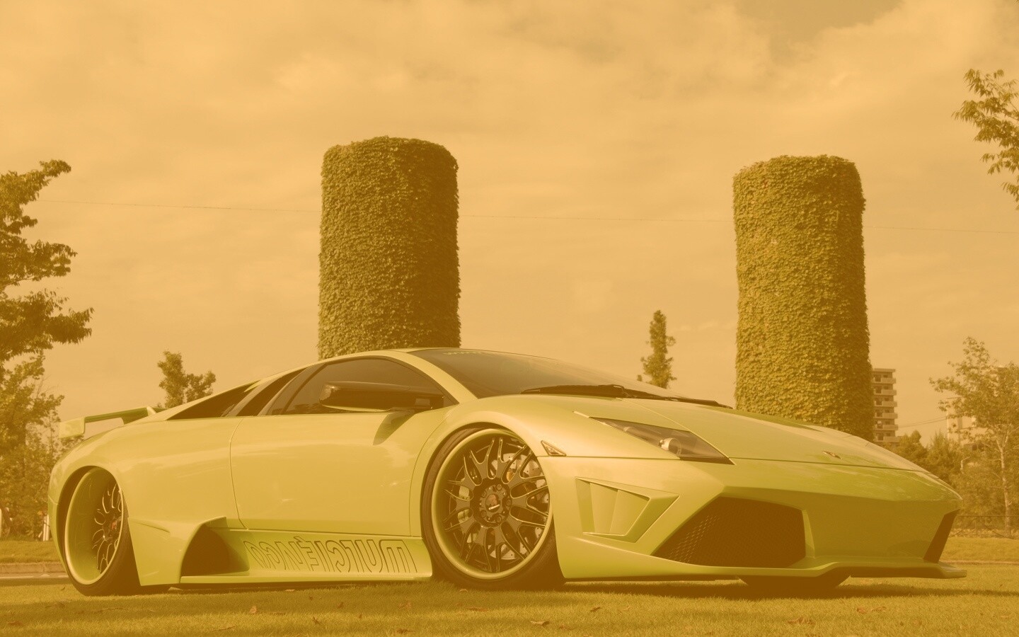 Зелёный Ламборджини на траве обои