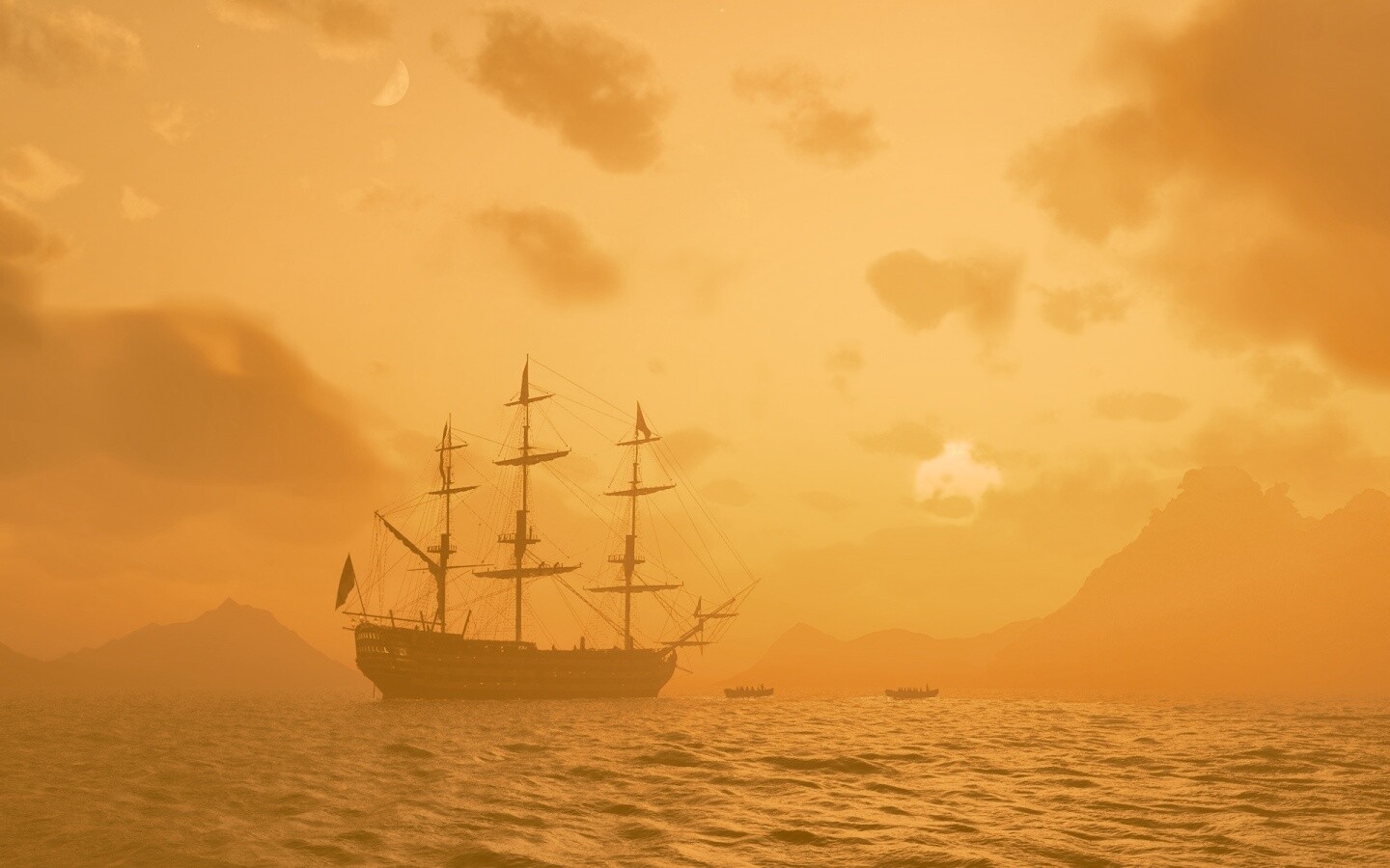 Трехпалубный парусный корабль на закате обои