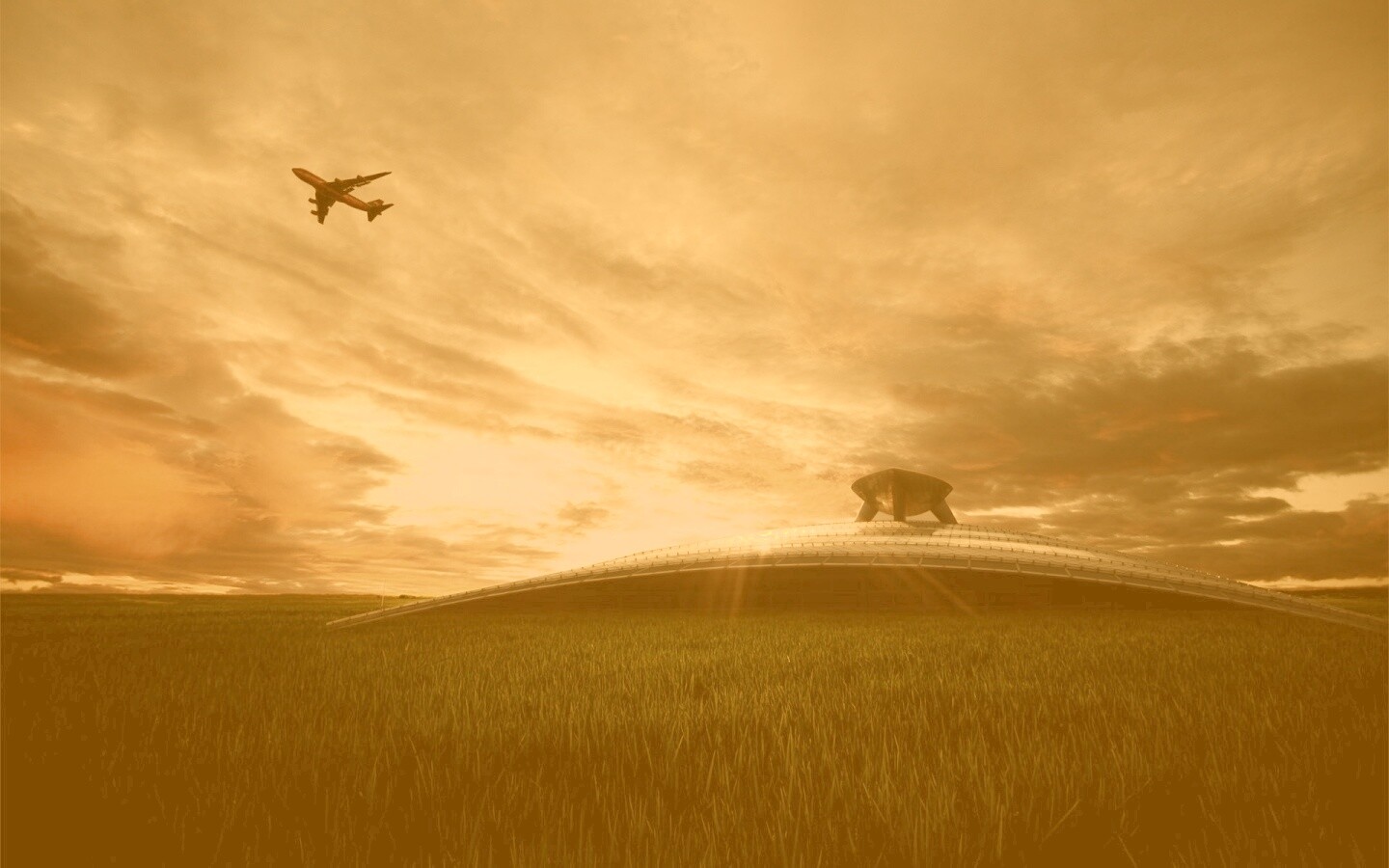 Самолет в закатном небе обои