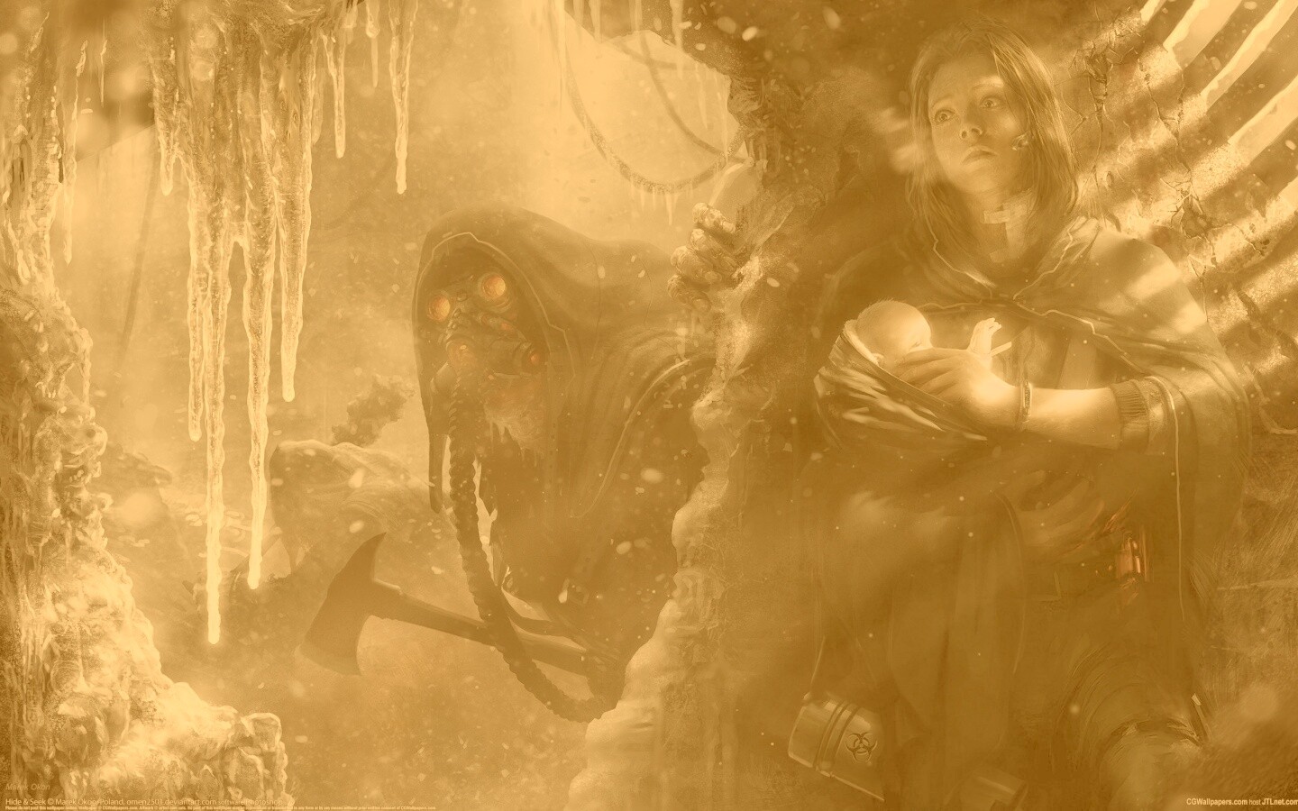 Девушка с ребенком прячется от монстра обои