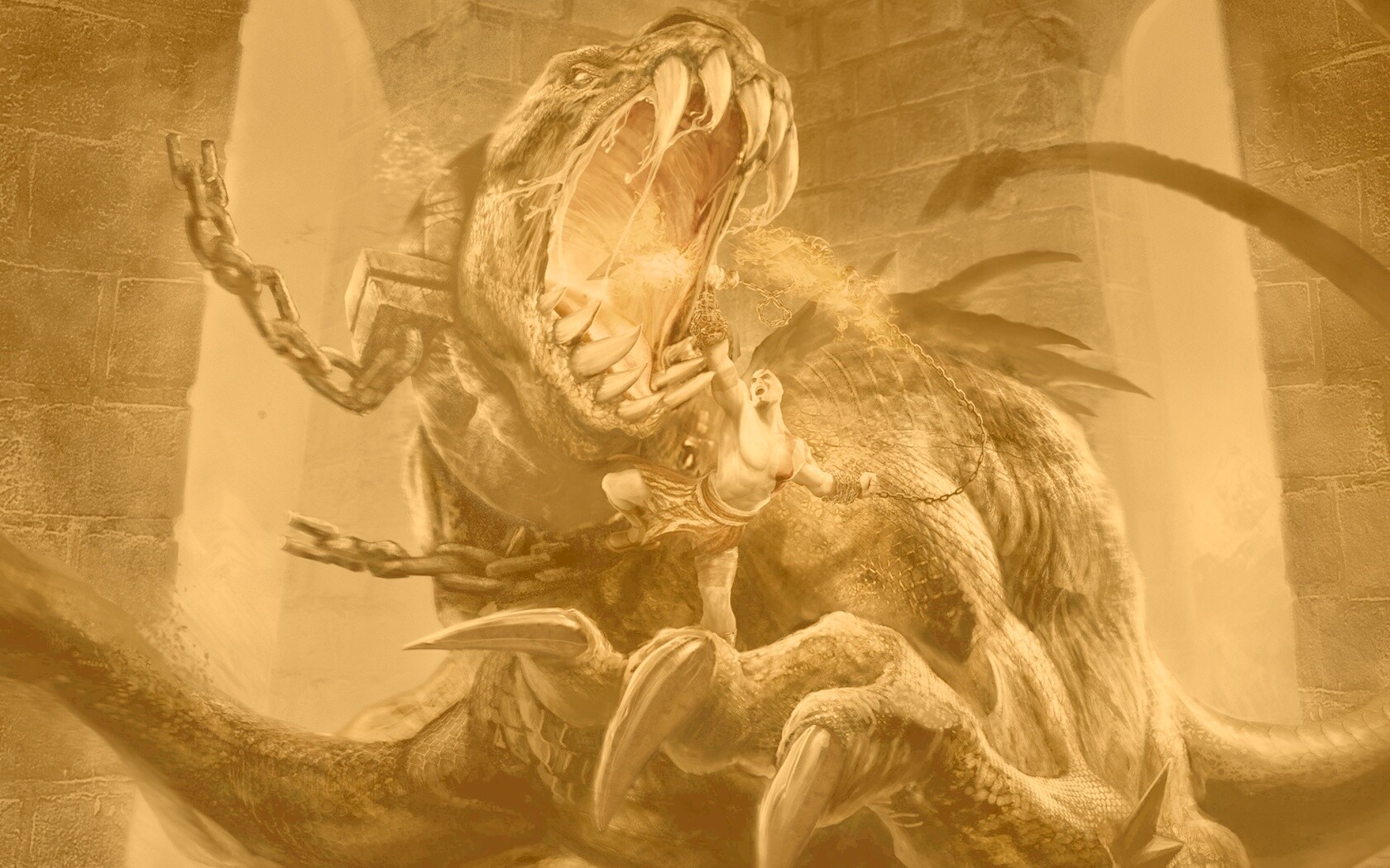 Кратос против динозавра обои