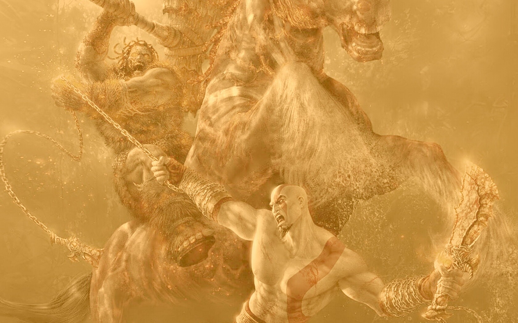 Кратос против огненного всадника обои