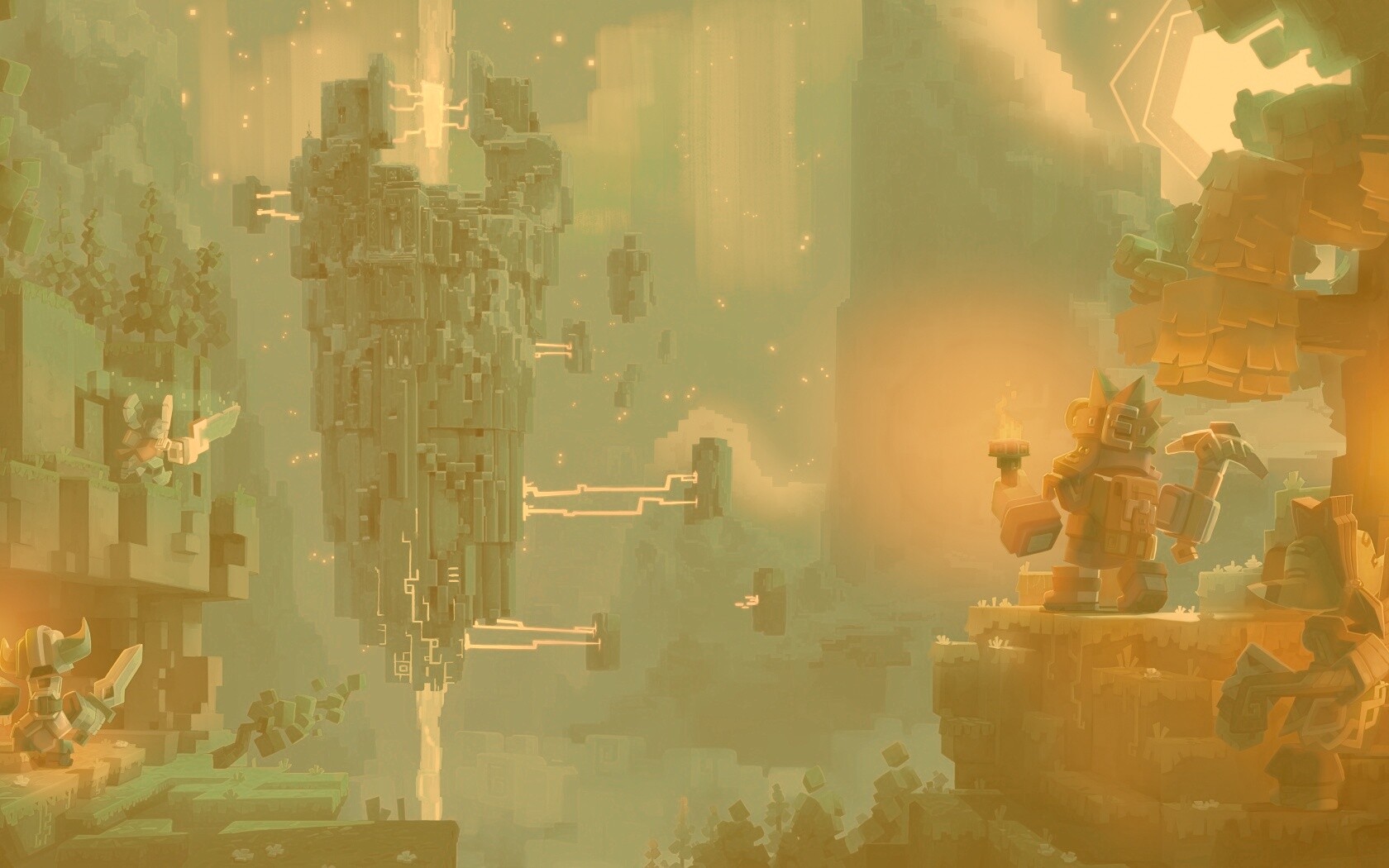 Парень с киркой и факелом смотрит в даль обои