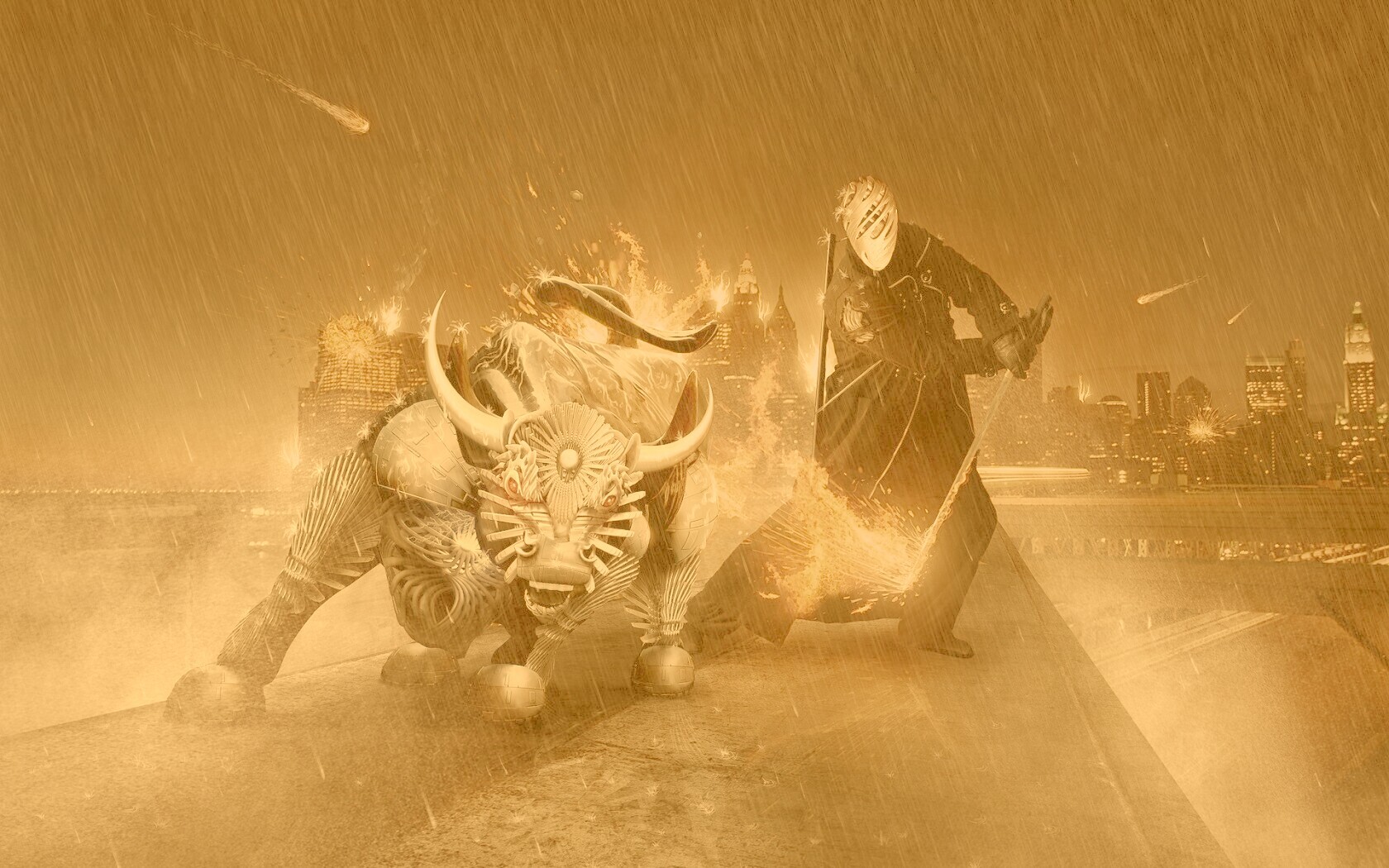 Воин и бык на крыше обои