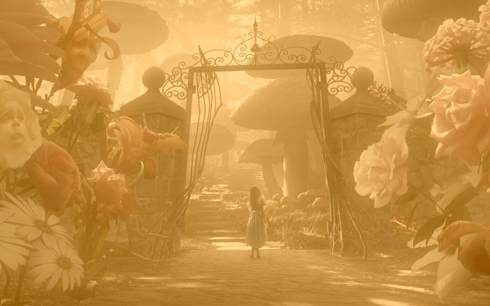 Алиса в стране чудес среди живых цветов обои