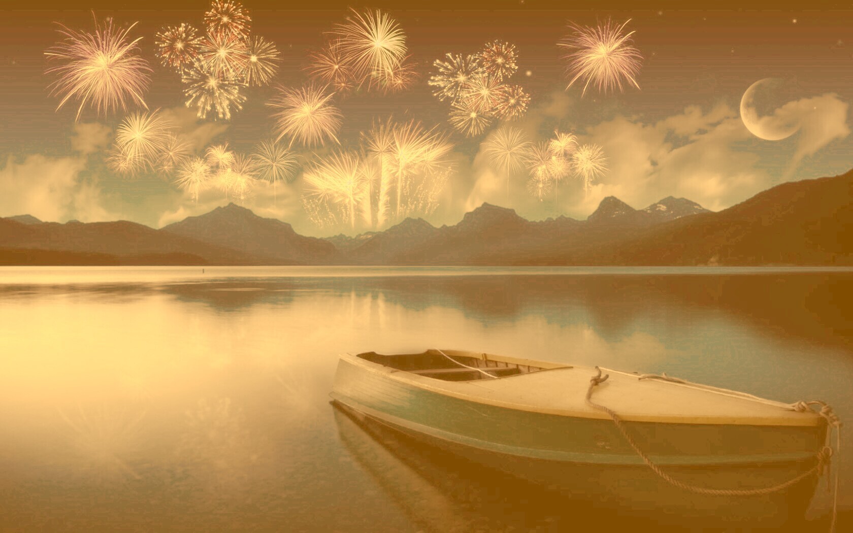 Фейрверк над озером обои