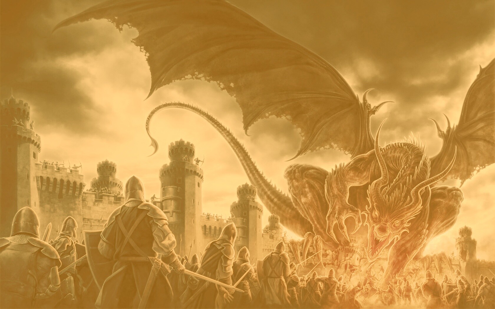 Дракон нападает на замок обои