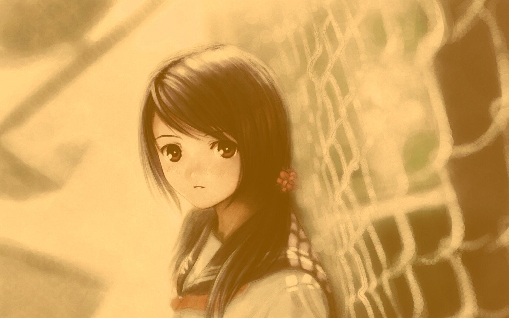 Девочка у сетчатого забора обои