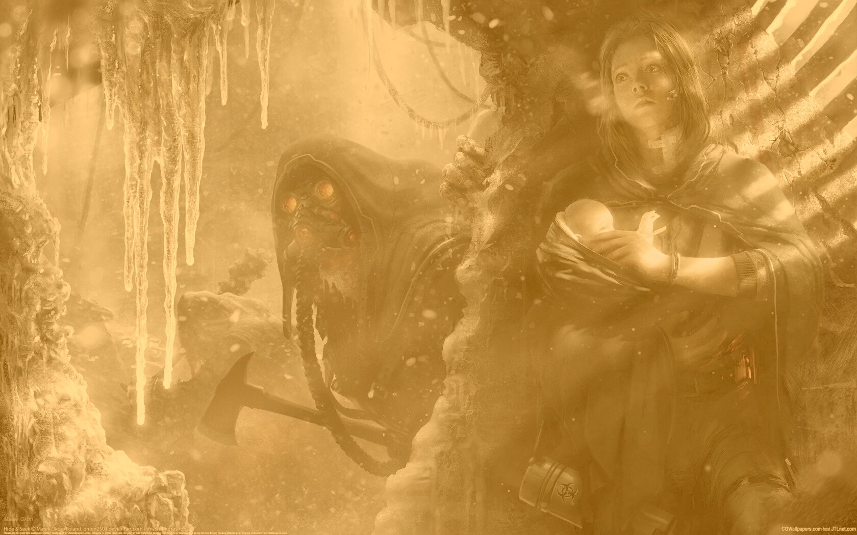 Девушка с ребенком прячется от монстра обои